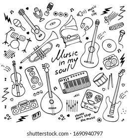 Music. Big set of icons for print and digital. Doodle elements of musical instruments. Hand written inscription Music in my soul. Vector