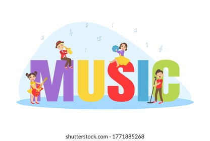 Music Big Word with Cute Children Playing Musical Instrumens Vector Illustration