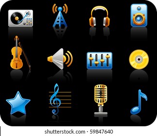 Music black background icon set.