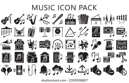 Music black glyph icons pack. contain guitar, drum, piano, speaker, note equipment and more. use for modern concept, UI or UX kit, web and app development. vector EPS 10 ready convert to SVG. svg