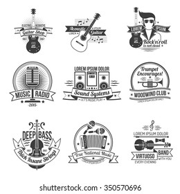 Music black label set with styles and instruments isolated vector illustration