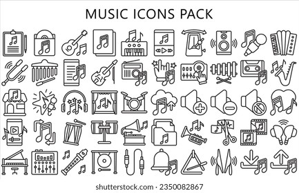 Music black outline icons pack. contain guitar, drum, piano, speaker, note equipment and more. use for modern concept, UI or UX kit, web and app development. vector EPS 10 ready convert to SVG. svg