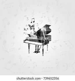 Music black and white design with piano. Music instrument vector illustration. Piano instrument with music notes