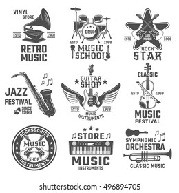 Music black white emblems of shops and festivals with notes modern and classic equipment isolated vector illustration 