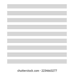 Music blank note stave. Blank classical music paper sheet for school. Note book line grid for melody and songs. Vector illustration isolated on white background.