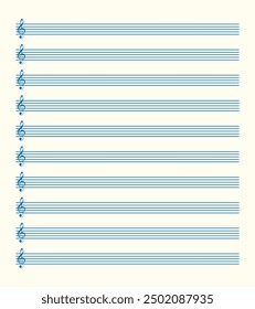 Music blank note stave vertical in treble clef. Blue lines on white background. Editable stroke vector illustration.	