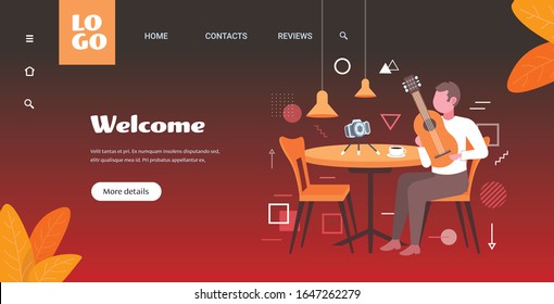 music blogger playing guitar live streaming musical blog concept man sitting at cafe table recording video using camera on tripod horizontal copy space full length vector illustration