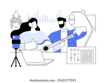 Music blogging ilustrações isoladas do vetor de desenhos animados. Casal sorridente com vídeo de gravação de guitarra para seu vlog, promoção de música, criação de aulas on-line, lazer arte atividade vetor cartoon.