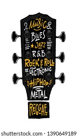 Music, blues, rock and roll, hip hop, jazz, r and b, electronic, regguau flyer. Vector illustration.