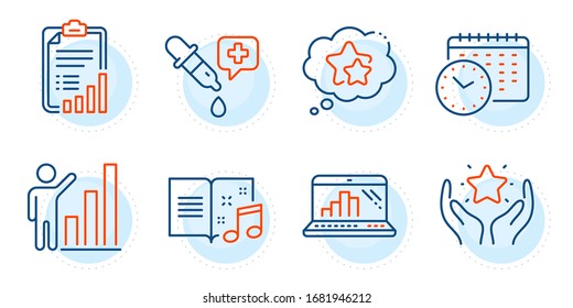 Music book, Chemistry pipette and Calendar time signs. Checklist, Graph laptop and Ranking line icons set. Ranking stars, Graph chart symbols. Mobile report, Hold star. Education set. Vector