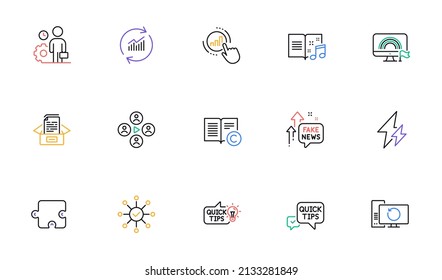 Music book, Graph chart and Fake news line icons for website, printing. Collection of Video conference, Update data, Quick tips icons. Survey check, Recovery computer. Vector