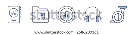 music book, headphones, french horn, music folder, music note. Music Icon vector illustration. Line Duotone style. Editable stroke.