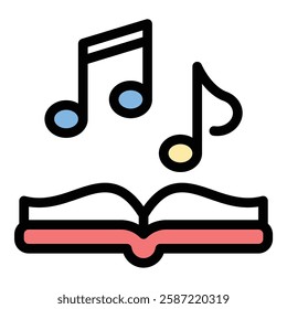 Music Book Icon Musical Notes and Learning in Flat Line Color Style.