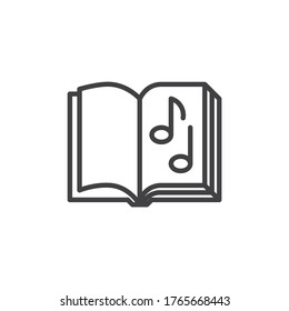 Music book line icon. linear style sign for mobile concept and web design. Open book page with musical note outline vector icon. Symbol, logo illustration. Vector graphics