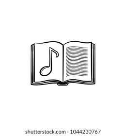 Music book with note hand drawn outline doodle icon. Open school music book with musical note vector sketch illustration for print, web, mobile and infographics isolated on white background.