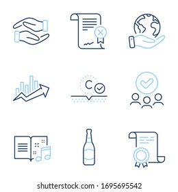 Music book, Reject certificate and Helping hand line icons set. Diploma certificate, save planet, group of people. Collagen skin, Beer bottle and Growth chart signs. Vector