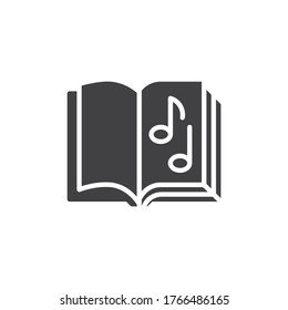 Music book vector icon. filled flat sign for mobile concept and web design. Open book page with musical note glyph icon. Symbol, logo illustration. Vector graphics