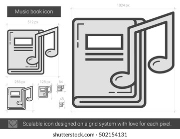 Musikbuch, Vektorsymbol einzeln auf weißem Hintergrund. Musikbuchsymbol für Infografik, Website oder App. Skalierbares Symbol, das auf einem Gittersystem entworfen wurde.