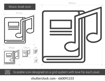 Music book vector line icon isolated on white background. Music book line icon for infographic, website or app. Scalable icon designed on a grid system.