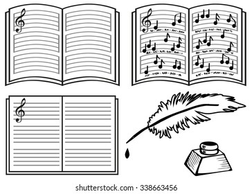music books with lines, notes and a treble clef on a white background. Pen and black ink