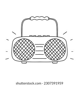 Music boombox in hand drawn doodle style. Vector illustration isolated on white. Coloring page.