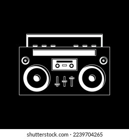 Music Boombox. Vector illustration cartoon green boombox 90s 80s. Black and white, silhouette on black background. Isolated 