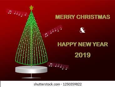 The music box Christmas pine tree decorating with light bulb; greeting card for Christmas and New Year 2019.