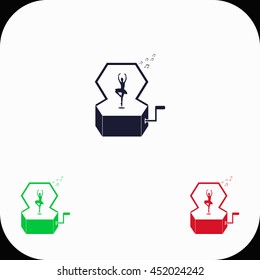 Music Box with a Dancing Ballerina Illustration set. Blue, green, red icon.