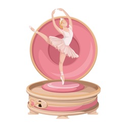 Music Box With Dancing Ballerina Vector Illustration. Cartoon Isolated Antique Clockwork Box With Metal Heart Key And Cute Ballet Dancer Doll In Tutu Dress And Pointe Shoes, Jewellery Sound Casket