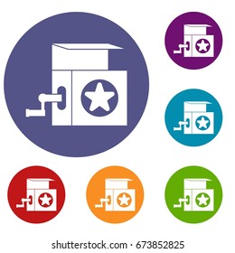 Music box icons set in flat circle reb, blue and green color for web