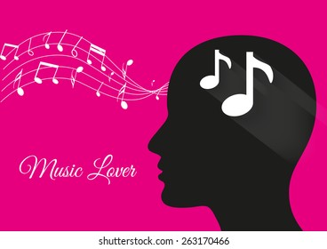 music from brain pink background, music notes, music lover, music vector