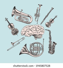 Music and brain in vintage style. Jazz Musical Trombone Trumpet Flute French horn Saxophone. Hand Drawn sketch for tattoo or t-shirt or woodcut. Vintage Vector illustration for blues poster or banner.