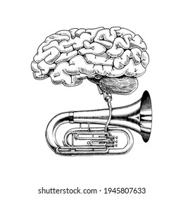 Music and brain in vintage style. Jazz tuba or trumpet. Hand Drawn grunge sketch for tattoo or t-shirt or woodcut. Vintage Vector illustration for blues poster or banner.