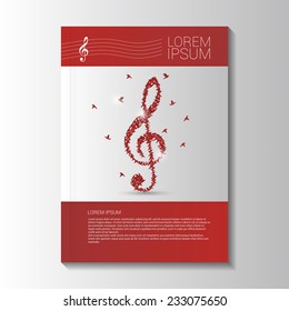 Music brochure template with treble clef. Vector illustration