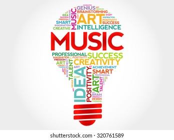 Music bulb word cloud concept