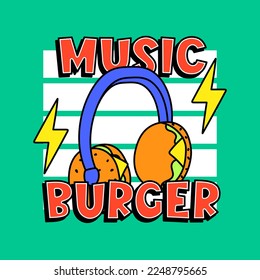 MUSIC BURGER TEXT, ILLUSTRATION OF HEADPHONES WITH HAMBURGERS, SLOGAN PRINT VECTOR