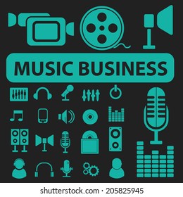 music business, radio record, audio, video, movie icons, signs, symbols set, vector