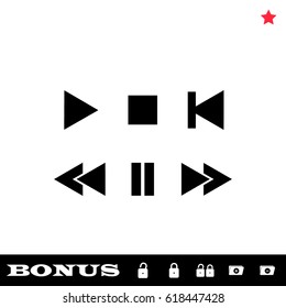 Music button icon flat. Black pictogram on white background. Vector illustration symbol and bonus button open and closed lock, folder, star