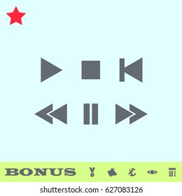 Music button icon flat. Grey pictogram on blue background. Vector illustration symbol and bonus buttons medal, cow, earth, eye, calculator