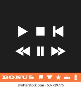 Music button icon flat. White pictogram on black background. Vector illustration symbol and bonus button tooth, vase, star, mirror, bottle