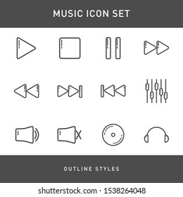 Music button icon sets outline styles with gray color. suitable for music player applications, video players and mobile applications.