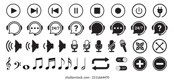 Music Button Set - Different Black Vector Icons Isolated On White Background