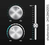 Music button technology, volume settings, volume control. Metal interface buttons collection for power volume playback control. Audio dashboard tumblers with stereo control scales. Vector illustration