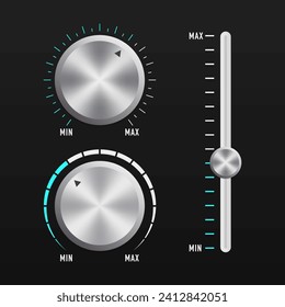 Music button technology, volume settings, volume control. Metal interface buttons collection for power volume playback control. Audio dashboard tumblers with stereo control scales. Vector illustration