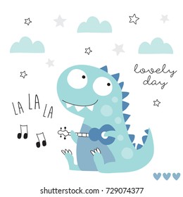 music by dinosaur with guitar vector illustration