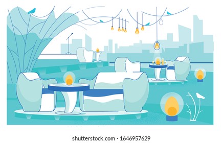 Music Cafe, Bar, Restaurant Interior. Place for Live Performances. Tables Served with Alcohol Drinks, Decorative Luminaire, Soft Armchairs, Sofas. Stage with Microphone on Stand. Vector Illustration