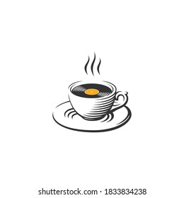 Music cafe logo. Cup of coffee with music disc or vinyl in the middle. Music and coffee lounge icon. Chill out record label.