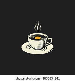 Music cafe logo. Cup of coffee with music disc or vinyl in the middle. Music and coffee lounge icon. Chill out record label.