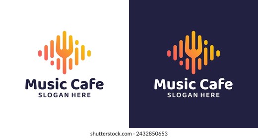 Music cafe logo design template. Sound audio wave with spoon fork graphic design vector. Symbol, icon, creative.