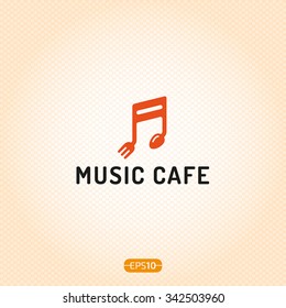 Music Cafe logo design template. Colorful vector musical note sign with spoon and fork. Trendy music icon logo for cafe, restaurant, jazz bar. Food and song symbol